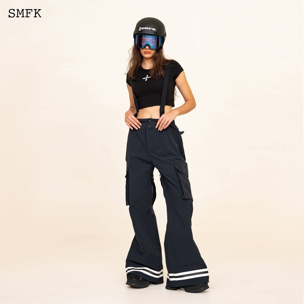 SMFK Ski Snowboard Pants Bib Overalls Black Cargo Adjustable Straps‎ Logo S NWOT